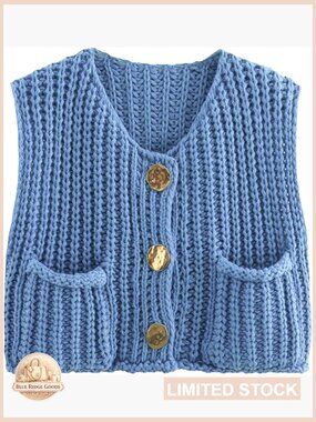 Sleeveless Cropped Knit Cardigan Chunky Button Down Sweater Vest with Pockets